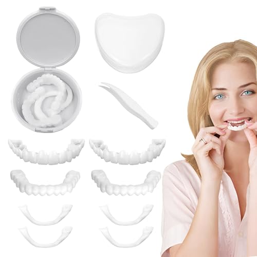 2 Paare Veneers Zähne (4 Stück) mit Aufbewahrungsbox, Temporäre Zahnprothese für Oben & Unten, Kosmetische Gebiss-Abdeckung zur Korrektur von Zahnlücken, Universalgröße für Senioren & Erwachsene, Weiß
