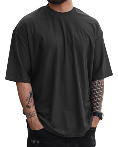LAOARA Oversized Tshirt Herren Sommer Basic Männer Kurzarm Gym T Shirt Sport mit Rundhals Tee Schwarz XL