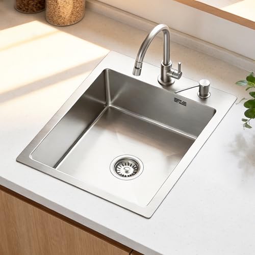 40 * 45cm kitchen sink Edelstahl Spülbecken, 1 Becken Küchenspüle Auflagespüle mit Siphon Set Edelstahlfarbe, Zwei Löcher mit Seifengerät
