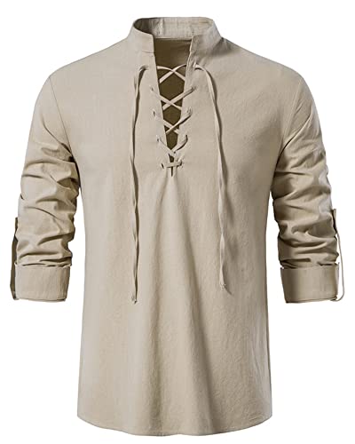 YAOHUOLE Leinen Hemd Herren Langarm Leinenhemden Herren Mittelalter Victorian Piraten Hemd Herren Khaki M