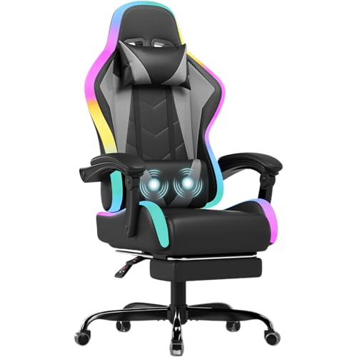 JUMMICO Gaming Stuhl mit led, Cool Racing Gamer Stuhl, Ergonomischer Bürostuhl mit Massagefunktion, Verstellbare Rückenlehne 90-135°, mit Teleskop Fußstütze, Gamingstuhl 150 kg belastbarkeit, Graue