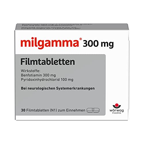 milgamma® 300 mg Vitamin B1 Filmtabletten mit Benfotiamin 300 mg (eine fettlösliche Vorstufe von Vitamin B1) und Vitamin B6, 30 Stück