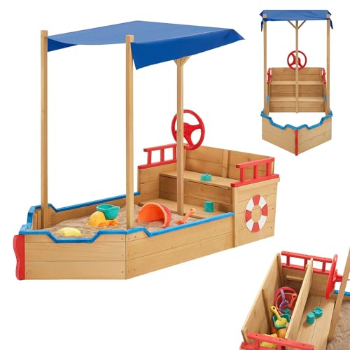 Juskys Sandkasten Käpt'n Pit - Piratenschiff Boot aus Holz - große Kinder Sandkiste für Garten mit Bodenplane, Dach & Sitzbank - Outdoor Sandbox