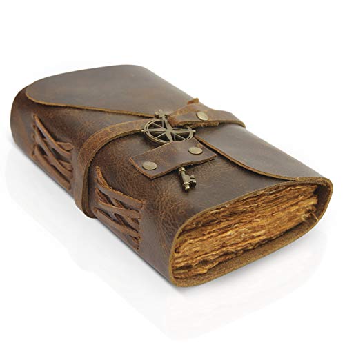 WANDERINGS Vintage Notizbuch Leder - 10 x 15cm - Kleines, Antikes Handgemachtes Leder Notizbuch mit Büttenrandpapier - Perfekt zum Schreiben, als Notizbuch, Reisetagebuch, Tagebuch für Erwachsene