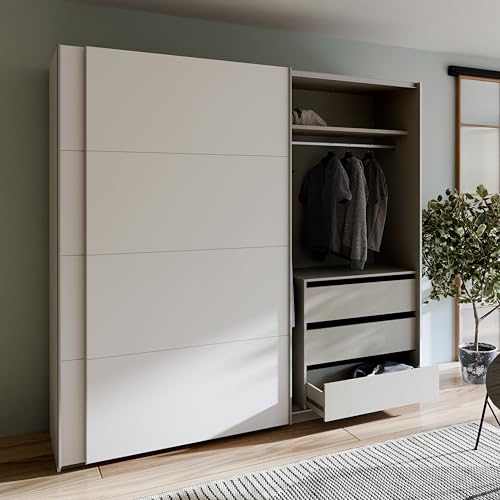 Forte Schach & MATT 2 weißer Kleiderschrank 220, moderner Schwebetürenschrank mit Einlegeböden und Kleiderstange, 2-türig, Holzwerkstoff, Weiß Matt, 220,1 cm breit x 210,5 cm hoch x 61,2 cm tief