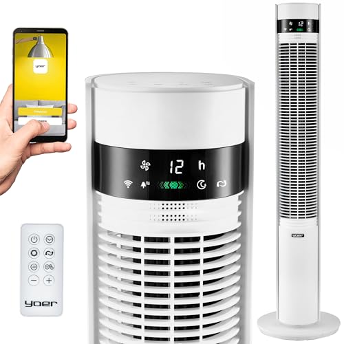 YOER 19dB Leiser Turmventilator, Plasma-Ionisator, 12 m Reichweite, 12 Geschwindigstufen, 3 Modi, 12 Std. Timer, 80° Oszillation, Fernbedienung, CoolWhisper TF07W, weiß