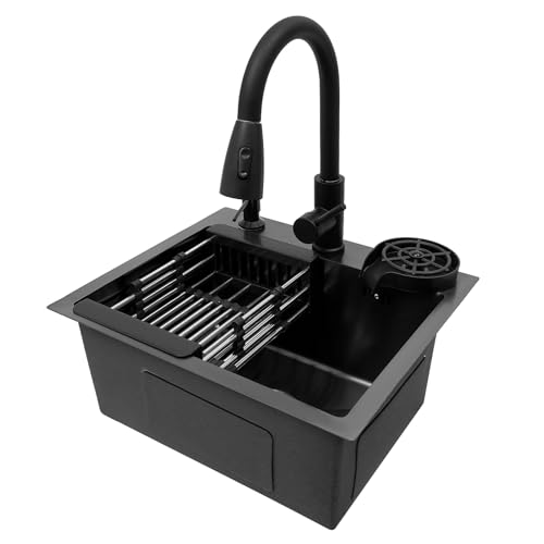 Küchenspüle, 45 x 40 cm, küchenspülen, Edelstahl, integriertes Waschbecken küche, ausziehbar, 360 °, mit Spüle + Abflusskorb + Seifenspender für Spülbecken küche, Unterbau spüle schwarz