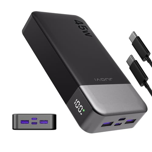 JUOVI Power Bank, 20000mAh 45W Tragbares Ladegerät, PD3.0 QC4.0 Schnelles Laden 4-Port mit LED Anzeige, Akkupack Ladegerät tragbar für MacBook, iPhone 15 14 13 Pro Samsung S23 S22 (Schwarz)
