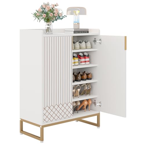 LITTLE TREE Moderner weißer Schuhschrank mit Türen für bis zu 25 Paar, 5-stöckiges Schuhregal aus Holz, Organizer für Eingangsbereich, Schlafzimmer, Flur, Wohnzimmer