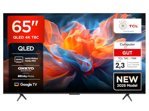 TCL 65T8C 65 Zoll QLED 4K HDR UHD Fernseher, Smart Google TV Dolby Vision & Atmos, 144Hz Motion Clarity Pro, FreeSync, Onkyo 2.1 Sound, Sprachsteuerung, Kompatibel mit Google Assistant