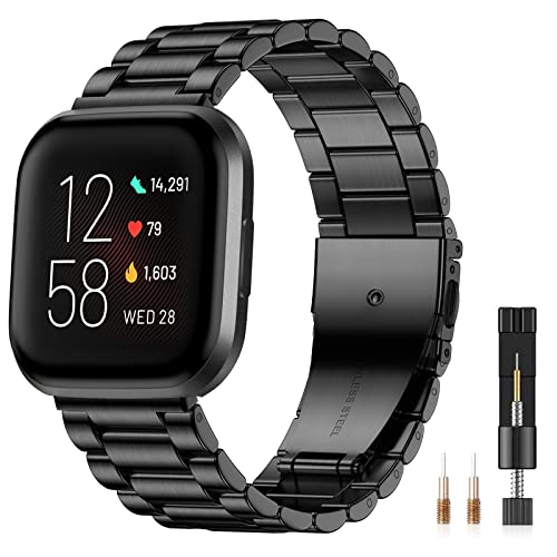 CeMiKa Metallarmband kompatibel mit Fitbit Versa/Versa 2 Armband, verstellbares Edelstahlarmband mit doppelter Faltschließe für Versa 2 Armband/Versa Lite Smartwatch, Schwarz