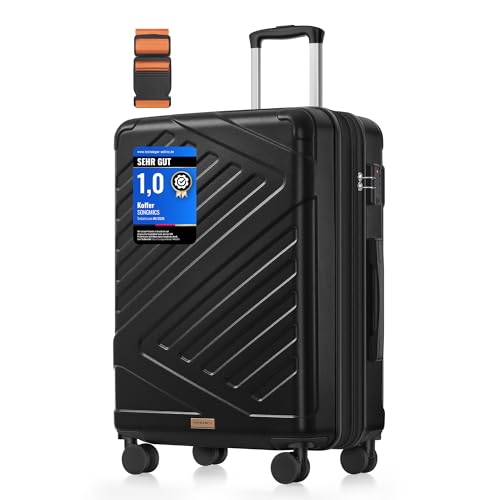 SONGMICS Koffer, Reisekoffer, Hartschalenkoffer mit TSA-Schloss, Koffergurt, ABS-Trolley, 4 Zwillingsrollen, erweiterbar, L, 65 cm, tintenschwarz RLP002B101