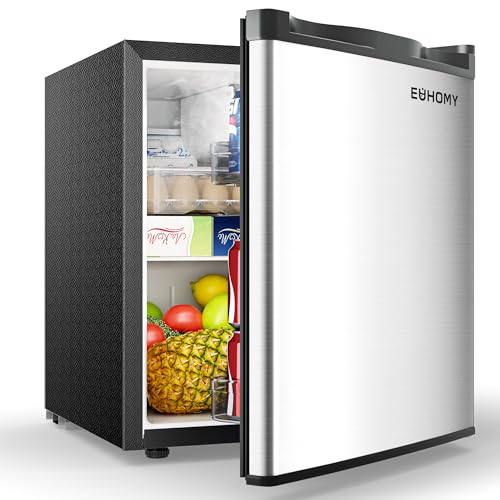 EUHOMY Mini Kühlschrank, 46L Kühlschrank klein, kleiner Kühlschrank mit umkehrbarer Tür, 7-Stufen Thermostat, 38dB Ultra-Leise, Energieeffizienter Kompaktkühlschrank für Schlafzimmer, Büro (Silber)