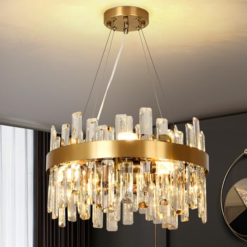 KUNYEEE Moderner Kristall-Gold-Kronleuchter, runde Kristall-Pendelleuchte, 8 x E14 Pendelleuchte für Wohnzimmer, Esszimmer, Schlafzimmer, Φ40 cm