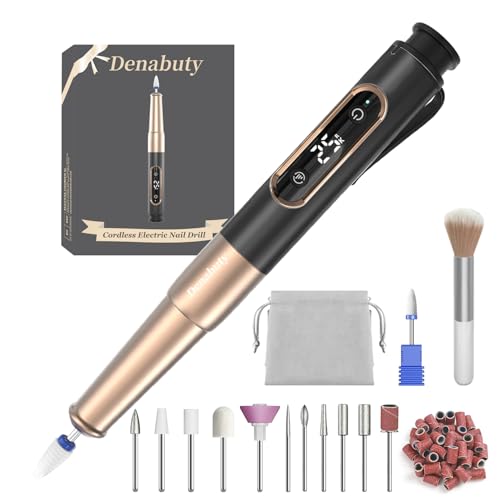 Nagelfräser, Denabuty Elektrische Nagelfeile Kabellos 12 in 1 Fräser für Gelnägel 25000 u/Min, USB Wiederaufladbare, 5 Verstellbare Geschwindigkei, Maniküre Pediküre Set Schwarz