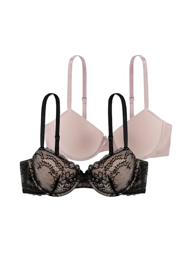 Dorina Damen Chloe 2er-Pack Demi-BH Set – Leicht Gepolsterte Bügel-BHs mit Floraler Spitze und Weichem Mikrogewebe, Verstellbare Träger, Schwarz und Rosa