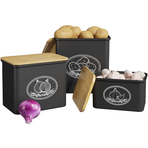 Lifewit Kartoffel Aufbewahrungsbox, 3er Set Große Kunttsoff Vorratsdosen für Kartoffel Zwiebel knoblauch Aufbewahrung, Stapelbare Kartoffelbox Aufbewahren Küche mit Frischebelüftung, 24 cm(H) Schwarz