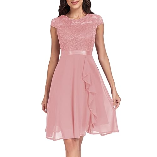 Kleid Hochzeitsgast Damen | Festliches Elegantes Spitzenkleid mit Kurzarm & Rüschen | Cocktailkleid & Abendkleid für Hochzeit und Abschlussball aus Chiffon,07 Rosa,S