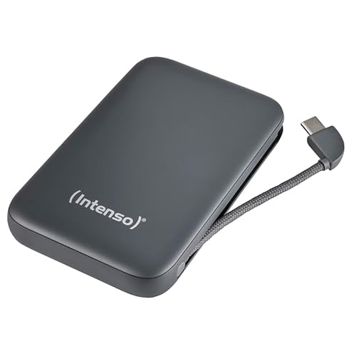 Intenso S10000 Powerbank mit integriertem USB-C Kabel, 10.000 mAh, Ultra schnelles Laden mit PD 3.0 (PPS), 20W, Ladestatus in Prozentt, geprüft in Deutschland, grau