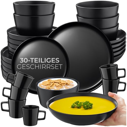 tectake® 30-tlg. Kombiservice, Geschirrset, Tafelservice 6 Personen, Steingut Geschirr Set schwarz, Teller Set mit Schalen, Kaffeetassen, Speiseteller, Frühstücksteller, tiefe Teller, Schüsseln