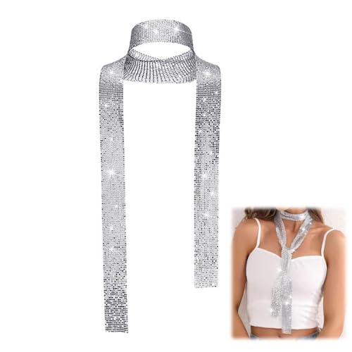 LBJFYHJN Glitzer Silber Schal, Schmaler Pailletten Schal für Damen, Glitzer Metallic, Passend zur Party, Hochzeit, Abendparty.