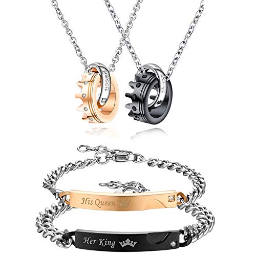 Flongo Paar-Schmuckset Partner Armbänder + Partner Halsketten Paar Geschenke Edelstahl-Halskette und -Armband mit Gravur Halskette mit Ring Geschenke für Jahrestage, Valentinstage, Geburtstage