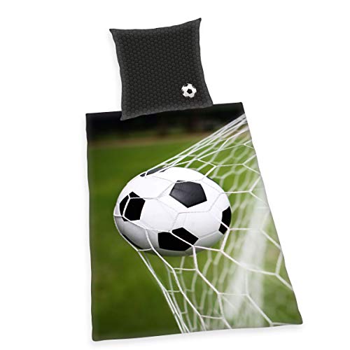 Herding Fußball Bettwäsche-Set, Kopfkissenbezug 80 x 80 cm, Bettbezug 135 x 200 cm, Baumwolle/Renforcé, Schwarz/ grau