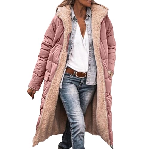 Generisch Wintermantel Damen Lang Fleecejacke Damen mit Kapuze Winterjacke Warm Kapuzenjacke Casual Outdoorjack Fleecejacken Übergangsjacke Oversize Jacke Herbst Mantel Winter Herbstmantel Pink 3XL