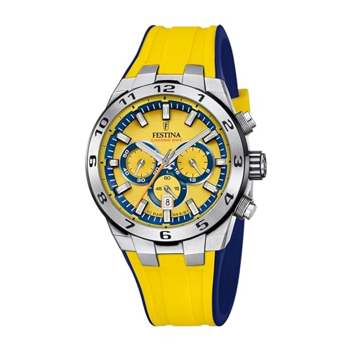 Festina Herren Uhr Analog mit Gelbem Kautschukarmband - Quarzwerk - Chronograph - Kalender - Mineralglas mit hoher Widerstandsfähigkeit - Wasserdicht bis 10 ATM F20671/4 Chrono Bike