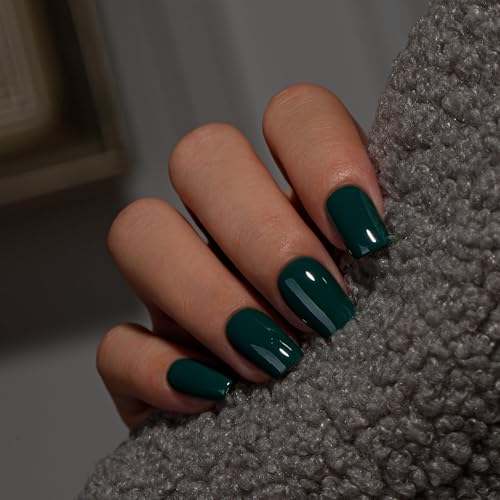 KQueenest Press on Nails Kurz Mittel – Sheer Dunkelgrün Nägel zum Aufkleben, Einfarbig Eckig Fake Nails Smaragd, Sarg Künstliche Nägel Set für Frauen & Mädchen, 28 Stück