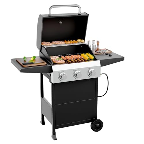 ROVSUN Gasgrill Camping mit 3 Brennern, Camping Gasgrill 10,5 kW, Grillwagen mit Deckel & 2 Seitenablagen, Gas Grill (3 Brennner, 117x40x140 cm)