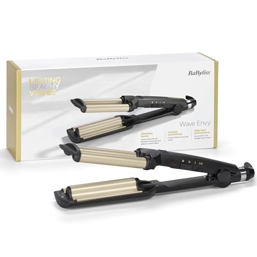 BaByliss Easy Waves – Welleneisen für Beach Waves, Keramik-Titanium-Beschichtung, 3 Temperatureinstellungen, Hitzebeständige Spitzen, Gold & Schwarz, C260E