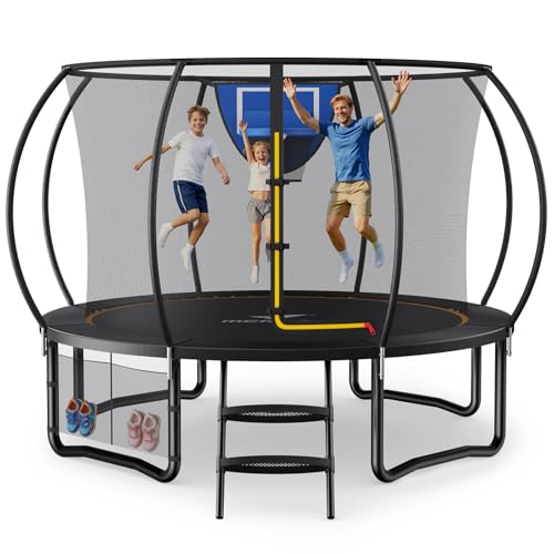 MERACH Trampolin Outdoor 305cm/366cm/427cm/488cm, Trampolin Sicherheitsnetz und Basketball, MaxLoad 150KG Bodentrampolin Outdoor Gartentrampolin