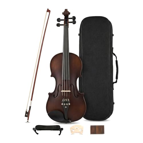 Violine 4/4, Handgefertigt aus Massiv-Fichten- & Ahornholz mit Ebenholz-Griffbrett - Komplettset mit Hartschalenkoffer, Bogen & Zubehör für Anfänger und Fortgeschrittene