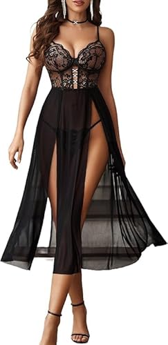 Avidlove Sexy Dessous Damen Reizwäsche Set Spitze Lingerie Netzstoff Babydoll V-Ausschnitt Unterwäsche Corsage Nachthemd Longe Nachtwäsche Seitlich Geschlitztes Negligee,SchwarzL