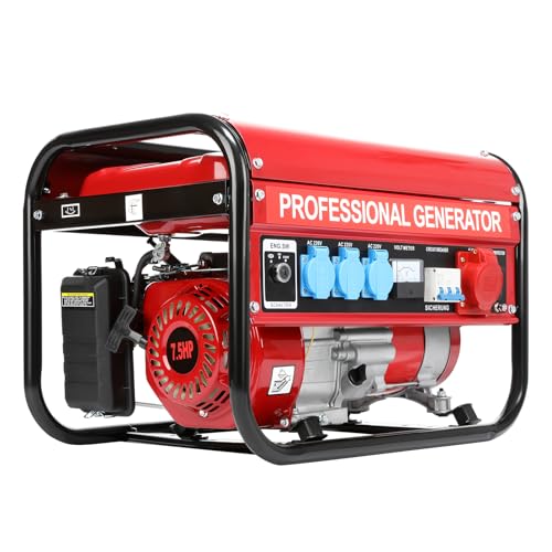 7,5PS Notstromaggregat Generator | 4-Takt OHV-Motor Tromgenerator mit Benzin | Stromerzeuger Notstromaggregat leise | 4 Steckdosen 3x 230V / 1x 380V / (3000W Dauerleistung, 6500W Maximale)