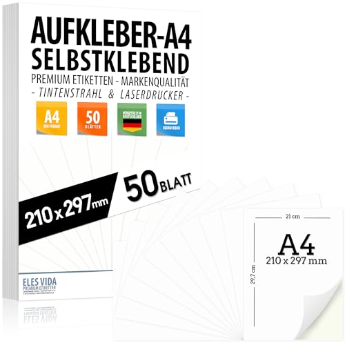 Selbstklebende DIN A4 Etiketten 50 Stück 210x297 mm, universell bedruckbar, matte weiße Oberfläche, kompatibel mit Inkjet- und Laserdruckern, Aufkleber für vielseitige Anwendungen - MADE IN GERMANY