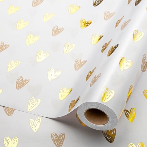 Wikadlik Luxuriöses Geschenkpapier-Rolle mit Herz-Goldfolienmuster für Valentinstag, Hochzeit, Geburtstag, Weihnachten, Urlaub - 43 cm x 10 m