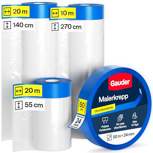 GAUDER Abdeckfolie mit Klebeband, Malerfolie (Set 55+140+270cm, 66m²)