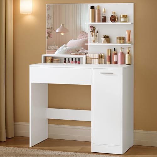 VASAGLE Schminktisch, Frisiertisch, mit Spiegel, Aufbewahrungsfach, 2 verstellbare Ablagen hinter der TÜr, 1 Schublade, 2 Ablagen, weiß RDT119W01