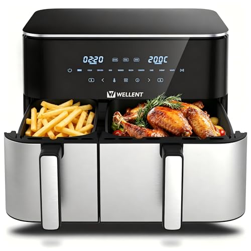 WELLENT 11L Airfryer 2 Kammern, 2600W Heißluftfritteuse XXL(4+7L),10-in-1 Heissluftfritteuse Doppelkammer Air fryer Dual Zone mit Touchscreen, Match & Sync-funktion, spülmaschinenfest