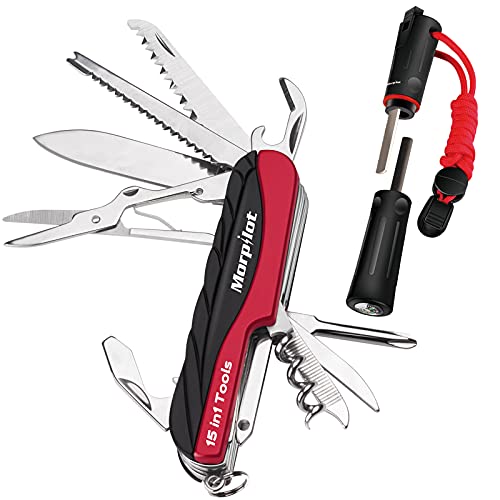 Morpilot Multifunktionswerkzeug, 15 Funktionen, Klinge, Dosenöffner, Kapselheber, Schere, Holzsäge, für Haushalt, Klettern, Camping, Touren, mit Feuerstein