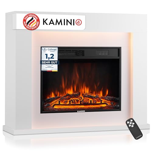 KAMINIO Elektrokamin Matti - Elektrischer Standkamin mit Heizung, 3D-Flammeneffekt, LED-Ambientelicht, Fernbedienung - 38 Zoll (Weiß)