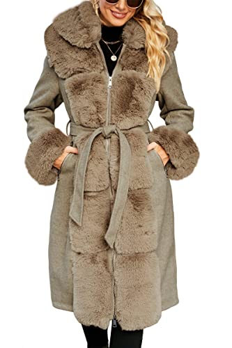 Giolshon Damen-Jacke mit Pelzfutter aus Wollmischung, Kapuze und Pelzkragen verdickter langer Trenchcoat mit Gürtel 244A Khaki XL