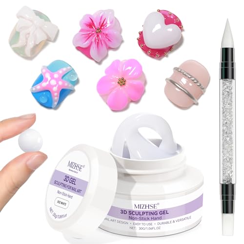 MIZHSE Weiß 3D Skulptur Nail Gel 30G 3D Gel Nail Art für Modellierung, Weiß Skulptur Nagel Glue Non Stick Hand, Rhinestone Glue für Nails Art mit Silikon Nagel Pinsel, DIY Maniküre Werkzeug 30g 1PC
