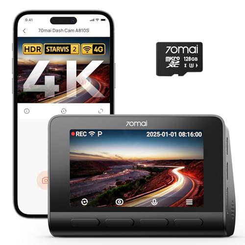 70mai 4K A810S Dashcam Auto Vorne mit STARVIS 2 HDR Nachtsicht, Autokamera mit 128GB Karte, 24/7 Parküberwachung, AI-Sensor, ADAS, App-Steuerung, Sprachsteuerung, 146°-Weitwinkel, Optional 4G LTE