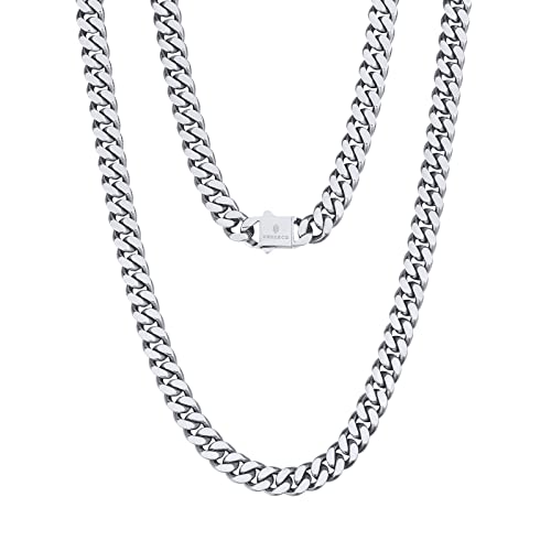 KRKC&CO 8mm Panzerkette, Weißgold plattiert Cuban Link Chain, Edelstahl Panzerkette Herren Silber Kubanische Gliederkette, Herren Silberketten Hip Hop Kette für Männer Jungen Größe 56cm