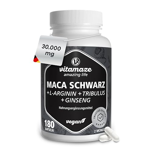 Vitamaze Maca Kapseln mit L-Arginin, Tribulus Terrestris, Ginseng, Zink & B-Vitamine, für Männer und Frauen, 180 vegane Kapseln, Made in Germany