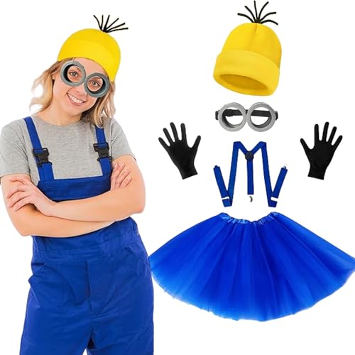 Karneval Kostüm Damen, 5 Stück Karneval Kostüm Gelb Hut Brille Schwarz Handschuhe Hosenträger und Blau Röcke, für Karneval Halloween Cosplay