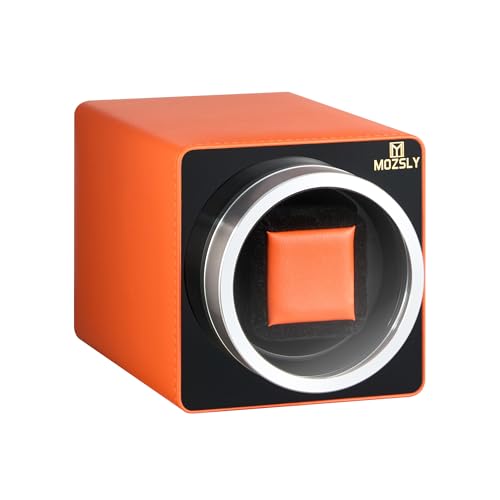 MOZSLY Einzel-Uhrenbeweger für Automatikuhren mit leisem Motor und 12 Drehrichtungen Orangefarbenes Leder